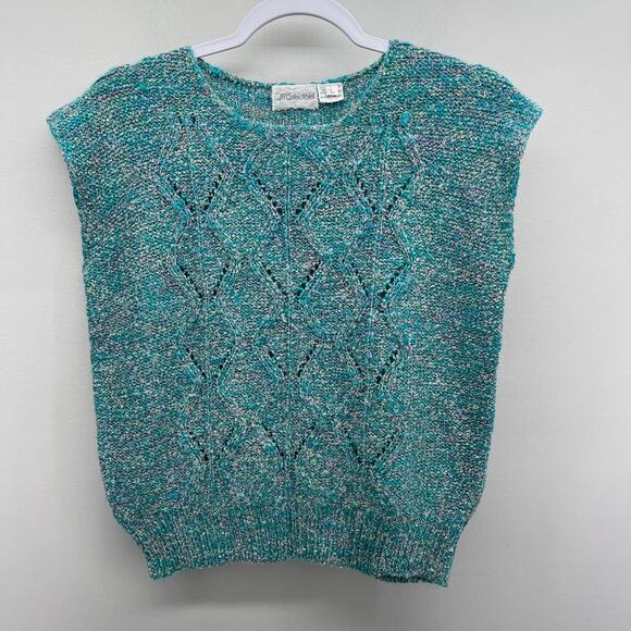 Vintage JH‎ Collectibles Turquoise Purple Multi Cap Sleeve Pointelle Sweater - Picture 1 of 5